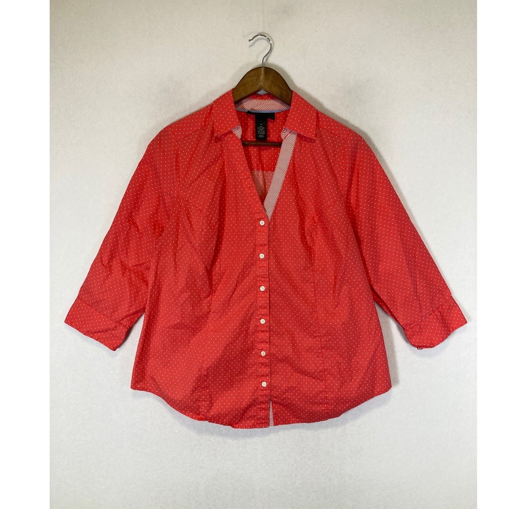 Retro Chic Lane Bryant Women 14 Red Polka Dot 3/4 Sleeve Stretch Button Up Shirt